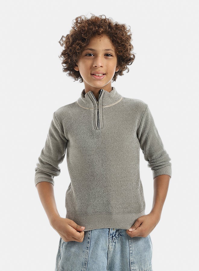 Velvet Zipper Closure High Collar Olive Pullover_Olive