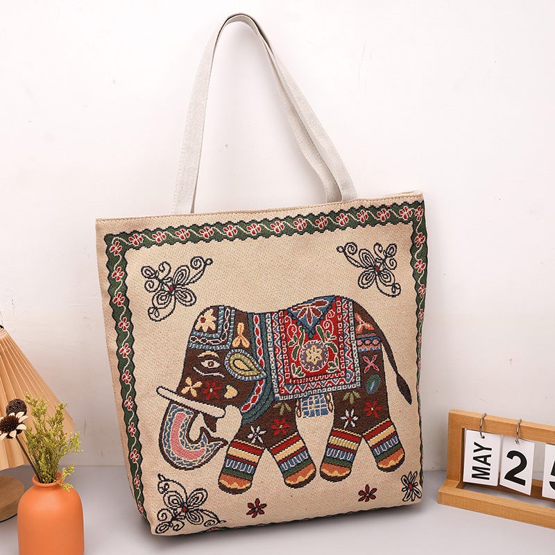 New Double-Sided Gold Jacquard Embroidered Rabbit Elephant Peacock Shoulder Bag Ethnic Style Portable Commuter Bag - Image 1