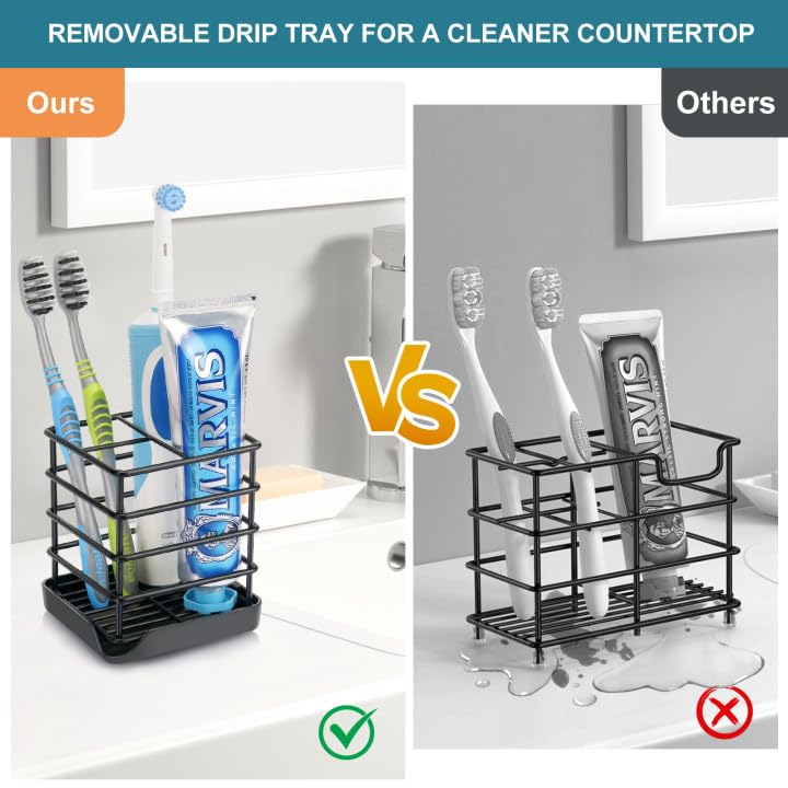 Chintu Toothbrush Holders for Bathrooms, Stainless Steel Bathroom Toothbrush Holder Kids Electric Tooth Brushing Holder Stand and Toothpaste Holder for Bathroom Accessories Organizer with Tray, Black (Small) - Image 2