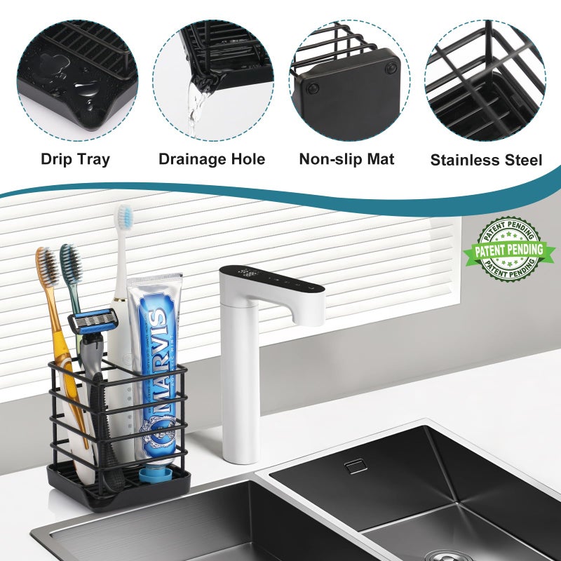 Chintu Toothbrush Holders for Bathrooms, Stainless Steel Bathroom Toothbrush Holder Kids Electric Tooth Brushing Holder Stand and Toothpaste Holder for Bathroom Accessories Organizer with Tray, Black (Small) - Image 4