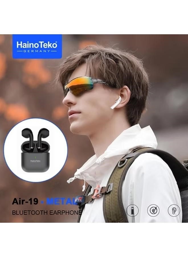 Haino Teko Air-19 Bluetooth Earphones – High-Quality Sound, Super Clear Mic, Touch Controls, Stylish & Comfortable Design, Sweat & Water-Resistant, Perfect for Music, Calls & Sports – Black Wireless Earphones - Image 2