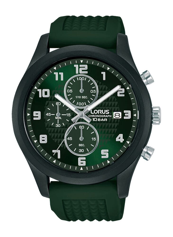 LORUS ساعة لوروس كرونوغراف كوارتز بسوار سيليكون ومينا أشعة الشمس باللون الأخضر الداكن للرجال RM387GX9 - Image 1