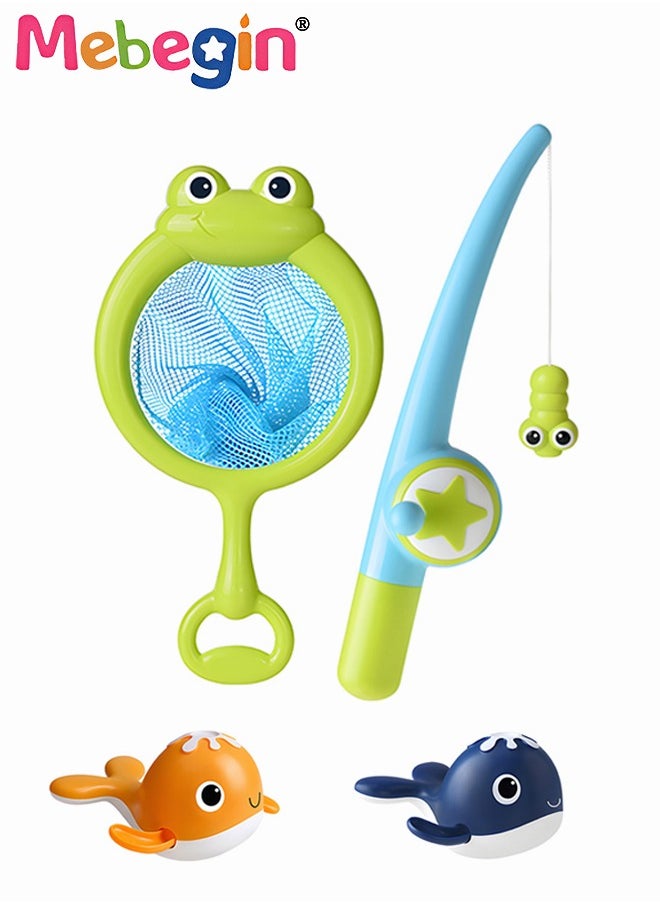 MEBEGIN - 4PCS Magnetic Bath Fishing Set, Fun Fishing Game with 2 Clockwork Whales, Floating Pool Bathtub Toys, Water Tub Toys Set with Fishing Net and Rod, Creative Bath Toy for Babies - Image 1
