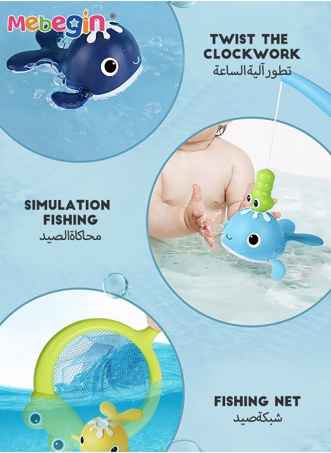 MEBEGIN - 4PCS Magnetic Bath Fishing Set, Fun Fishing Game with 2 Clockwork Whales, Floating Pool Bathtub Toys, Water Tub Toys Set with Fishing Net and Rod, Creative Bath Toy for Babies - Image 1