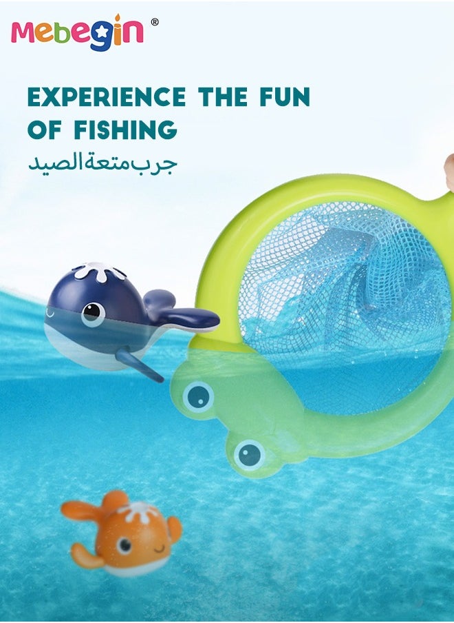 MEBEGIN - 4PCS Magnetic Bath Fishing Set, Fun Fishing Game with 2 Clockwork Whales, Floating Pool Bathtub Toys, Water Tub Toys Set with Fishing Net and Rod, Creative Bath Toy for Babies - Image 1