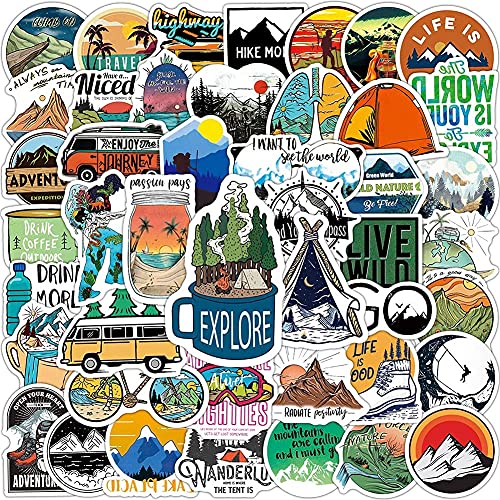 iDream Camping Landscape Adventure Stickers (3-8 cm) – Waterproof Vinyl for Laptop, Desk, Skateboard, Luggage, Guitar, Toy, Furniture, DIY Scrapbooking – (Set of 100) Travel & Climbing Designs - Image 1