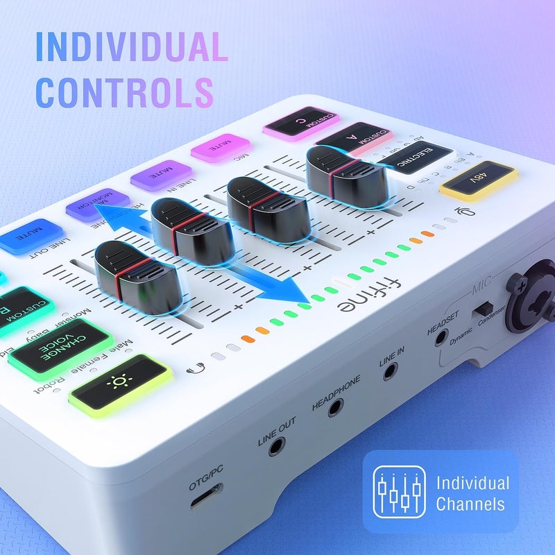 FIFINE Audio Mixer, Gaming Streaming PC Mixer with Slider Fader, XLR Microphone Interface, Monitoring, for Video/Game Voice/Podcast Recording-AmpliGame SC3W - Image 3