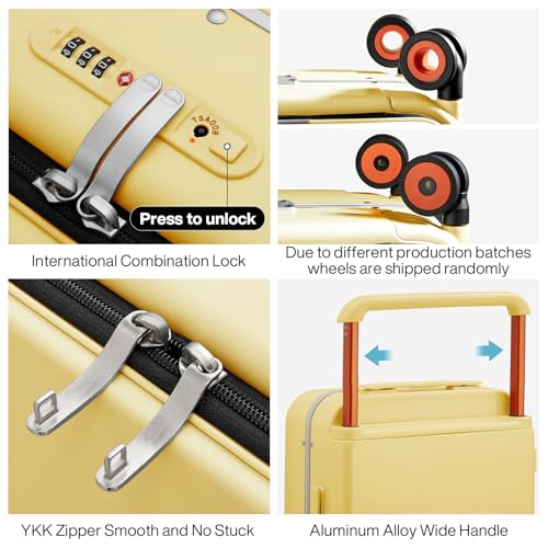 mixi Checked Luggage Wide Handle Luxury Design Rolling Travel Suitcase PC Hardside with Aluminum Frame Hollow Spinner Wheels, with Cover, 24 inch, Lark Yellow - Image 4