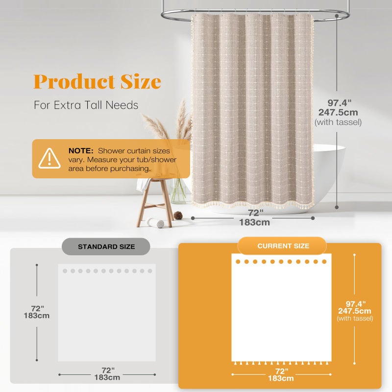 BTTN 96 Inch Extra Long Shower Curtain, Boho Chic Linen Water-Repellent Fabric Shower Curtain Set with Plastic Hooks, Tall Vintage Farmhouse Tassel Cloth Shower Curtains for Bathroom, Tan/Taupe, 72x96 - Image 3