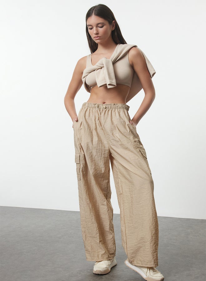 trendyol Beige Parachute Fabric Adjustable Flexible Waist Knitted Sports Sweatpants THMAW24EA00014  - Image 1