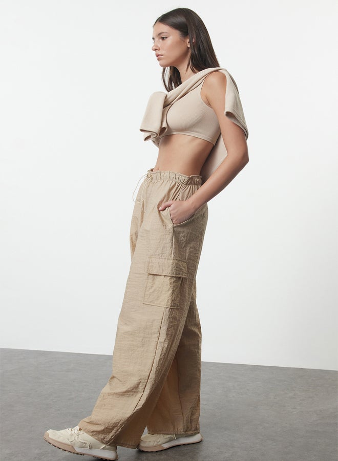 trendyol Beige Parachute Fabric Adjustable Flexible Waist Knitted Sports Sweatpants THMAW24EA00014  - Image 2