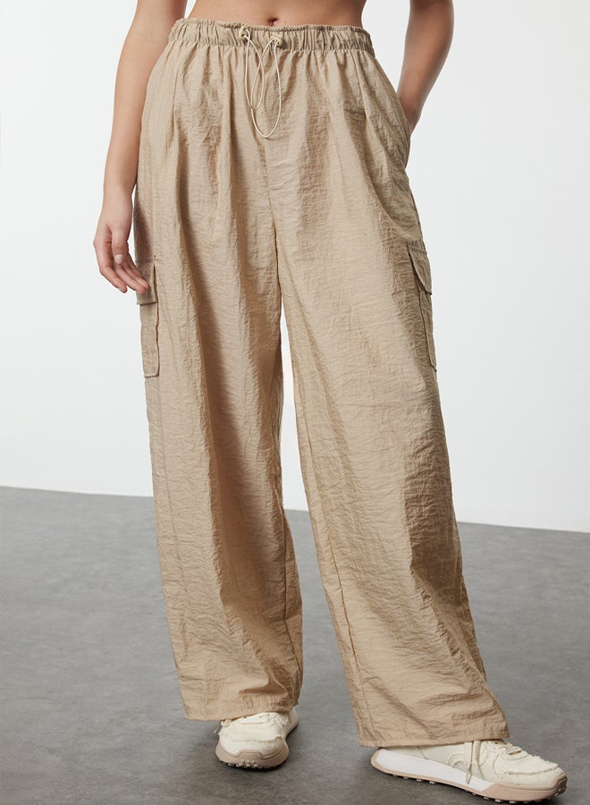 trendyol Beige Parachute Fabric Adjustable Flexible Waist Knitted Sports Sweatpants THMAW24EA00014  - Image 3