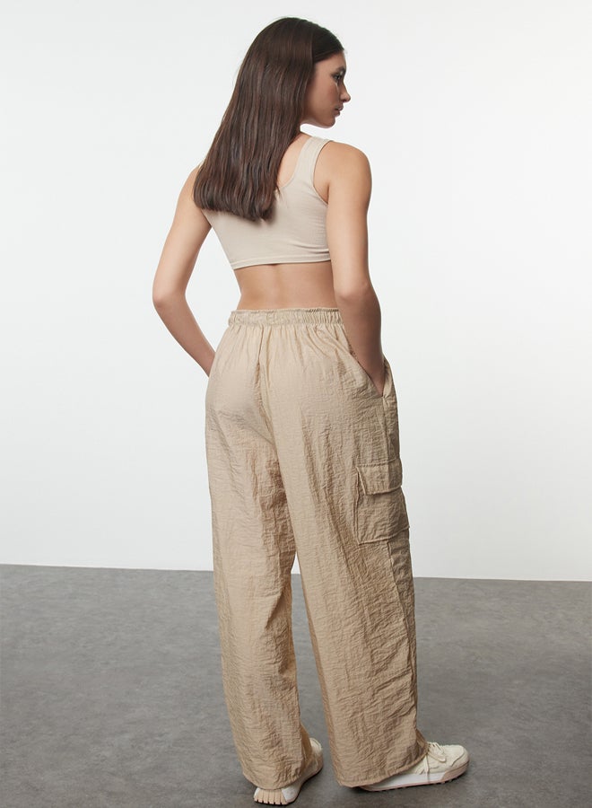 trendyol Beige Parachute Fabric Adjustable Flexible Waist Knitted Sports Sweatpants THMAW24EA00014  - Image 5