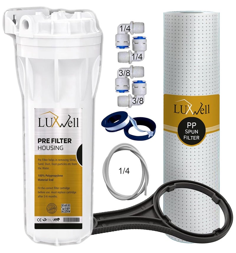 LUXWELL Pre Filter HousingBowl White Complete Kit for Water Purifier and RO Free SpunPP Filter Elbow2 Pipe Spanner Key Teflon Tape Compatible with All Brand RO and Water Purifiers - Image 1