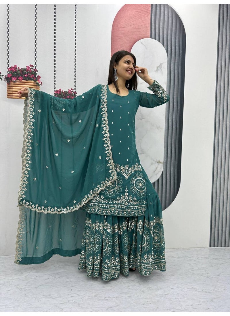 Super Asian "StarAura – Heavy Faux Georgette Embroidered Sharara Set with Lace Dupatta | Fully Stitched"  - Image 4