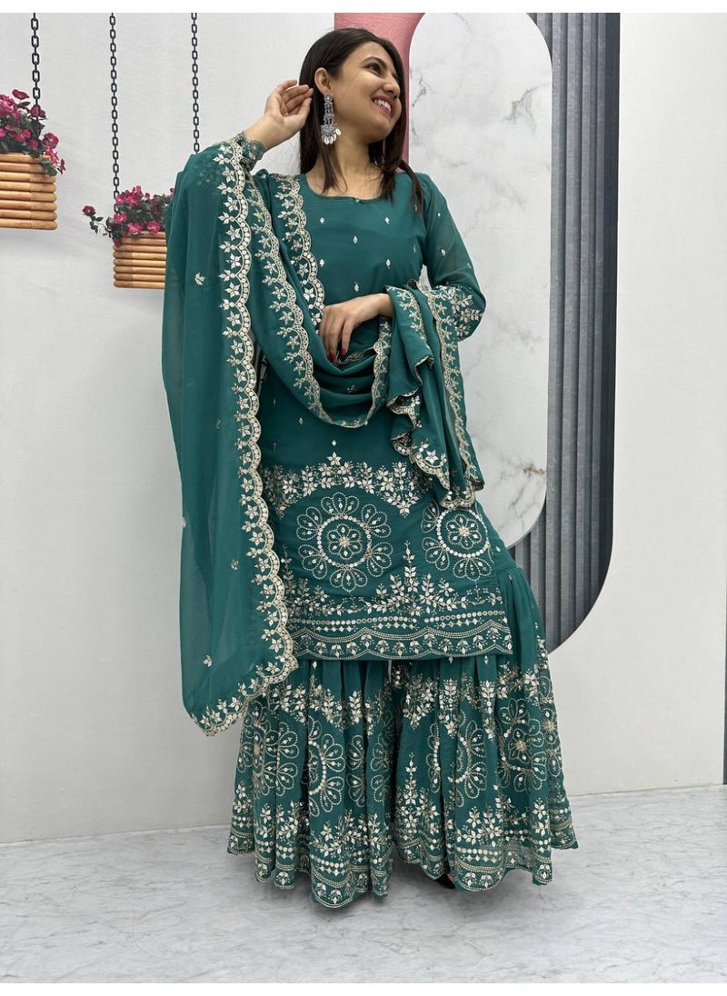 Super Asian "StarAura – Heavy Faux Georgette Embroidered Sharara Set with Lace Dupatta | Fully Stitched"  - Image 1