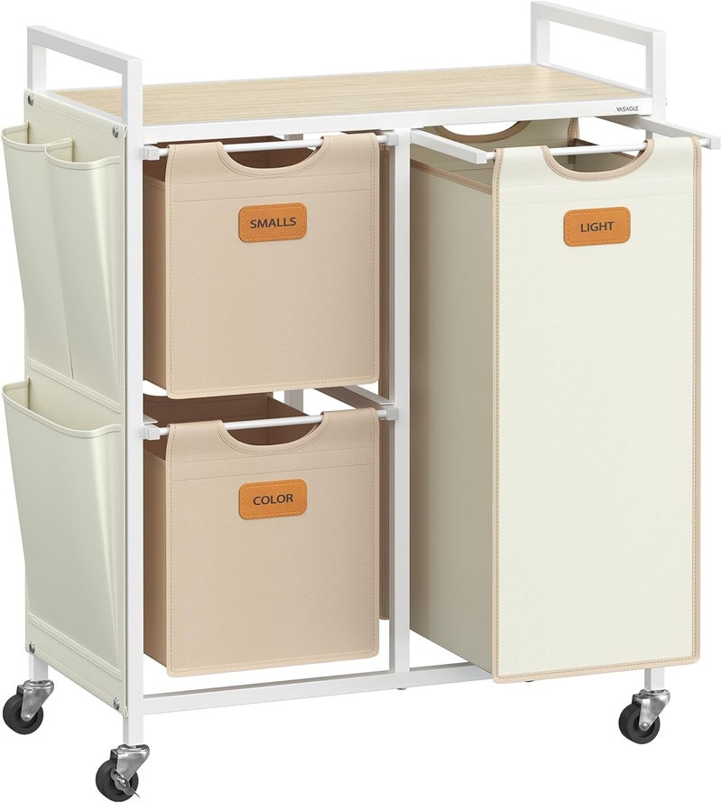 VASAGLE Laundry Hamper with 3 Compartments, 26.4 Gal. (100 L) Laundry Sorter, Rolling Laundry Cart with Shelves, Small Side Pockets, 6 Labels, Natural Beige, Camel Brown and Cream White - Image 1