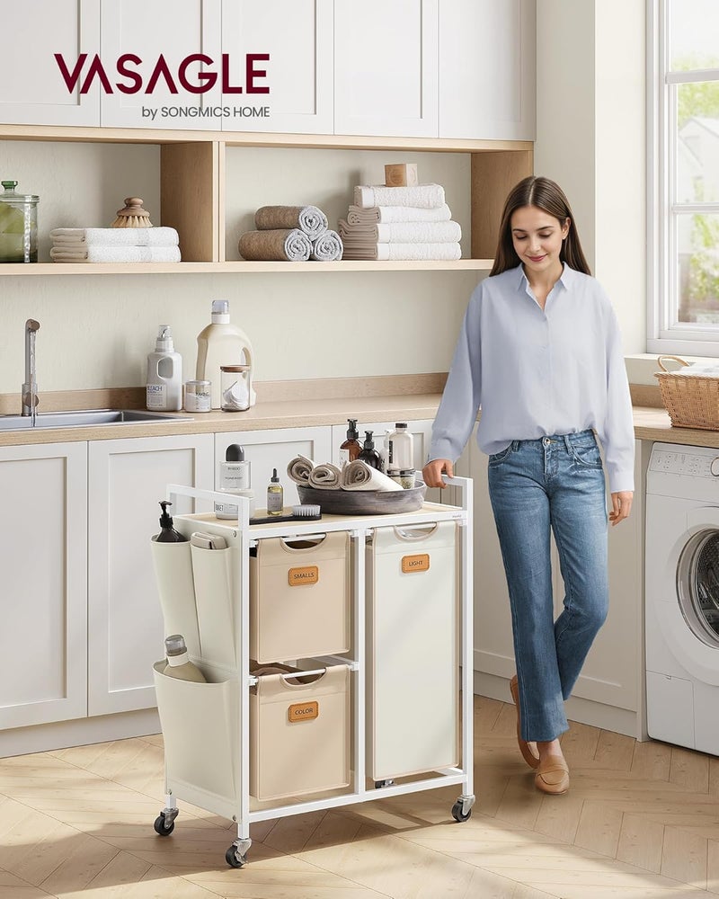 VASAGLE Laundry Hamper with 3 Compartments, 26.4 Gal. (100 L) Laundry Sorter, Rolling Laundry Cart with Shelves, Small Side Pockets, 6 Labels, Natural Beige, Camel Brown and Cream White - Image 2