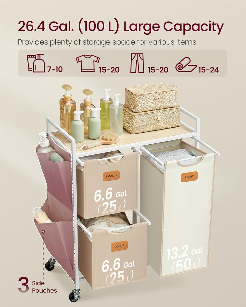 VASAGLE Laundry Hamper with 3 Compartments, 26.4 Gal. (100 L) Laundry Sorter, Rolling Laundry Cart with Shelves, Small Side Pockets, 6 Labels, Natural Beige, Camel Brown and Cream White - Image 3