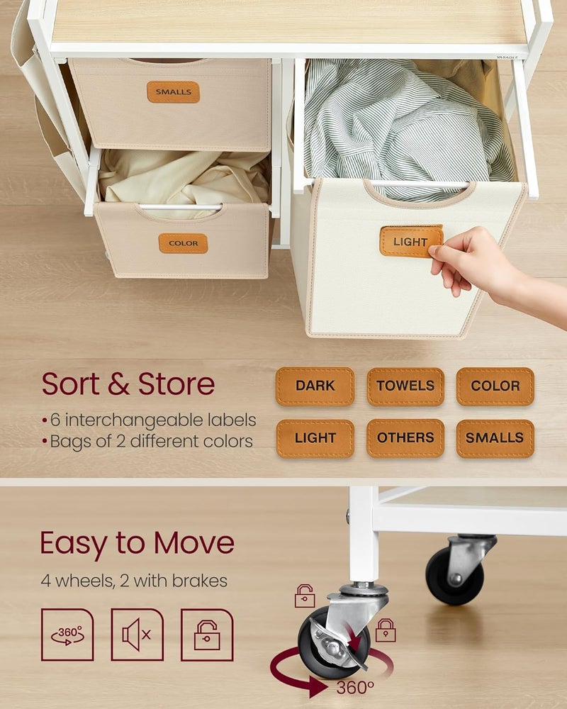 VASAGLE Laundry Hamper with 3 Compartments, 26.4 Gal. (100 L) Laundry Sorter, Rolling Laundry Cart with Shelves, Small Side Pockets, 6 Labels, Natural Beige, Camel Brown and Cream White - Image 4