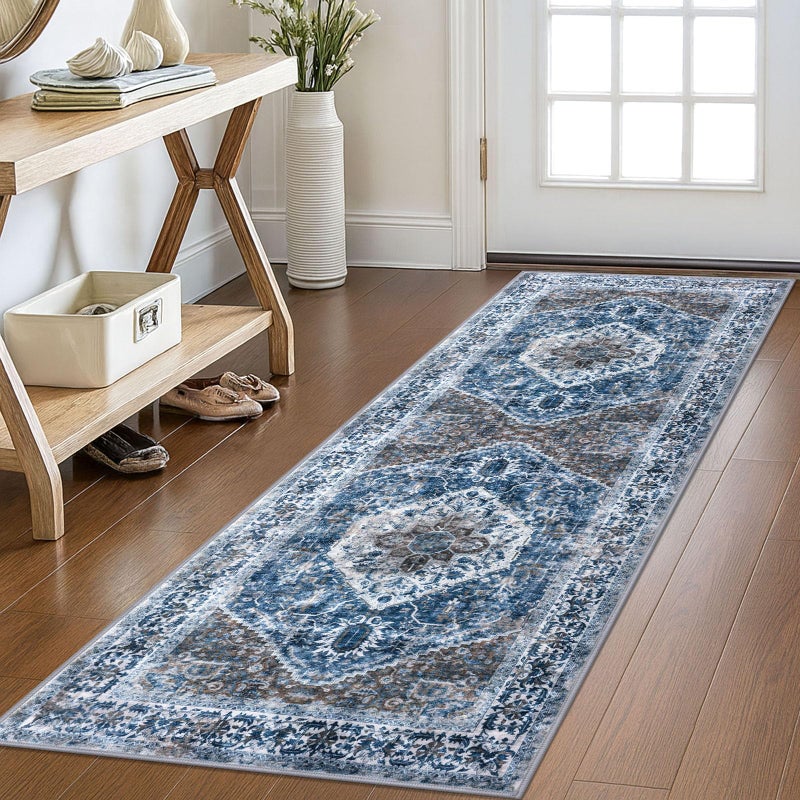 KOZYFLY Runners for Hallways 2x6 Ft Washable Kitchen Runner Rug Boho Runner Rug for Entryway Indoor Blue Printed Oriental Faux Wool Floor Carpet Runner for Bedroom Kitchen Hall - Image 1