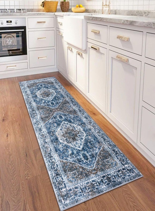 KOZYFLY Runners for Hallways 2x6 Ft Washable Kitchen Runner Rug Boho Runner Rug for Entryway Indoor Blue Printed Oriental Faux Wool Floor Carpet Runner for Bedroom Kitchen Hall - Image 2