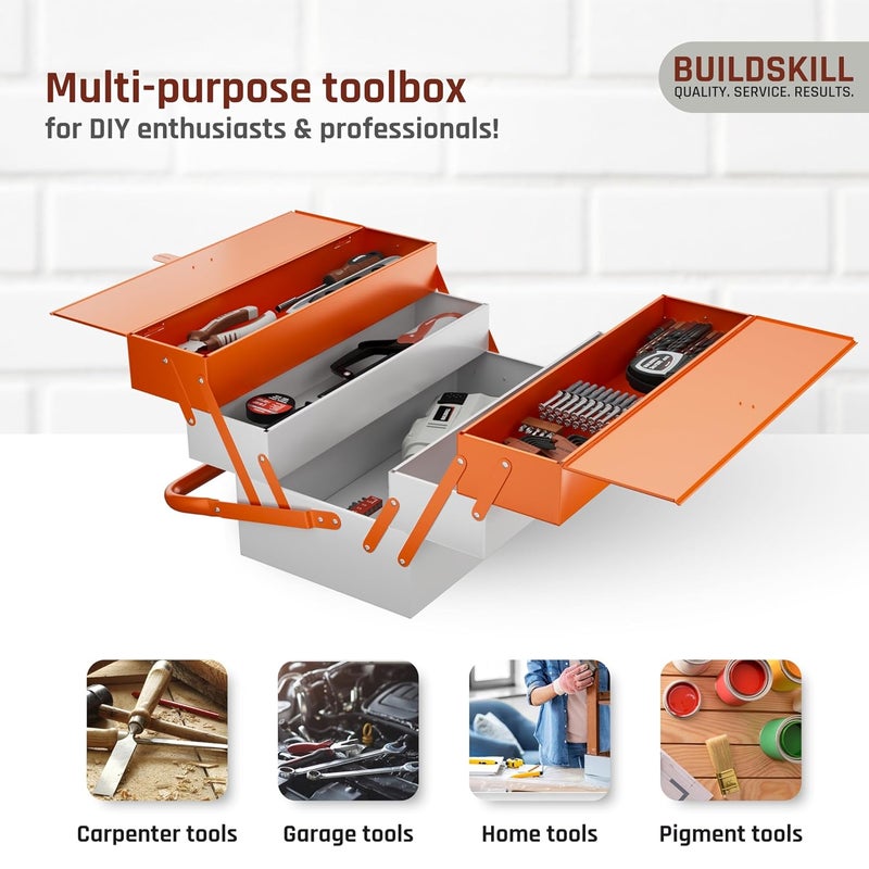 BUILDSKILL صندوق أدوات معدني 17 بوصة للاستخدام المنزلي | مجموعة صندوق أدوات 5 خزائن | مقاوم للصدأ | متين | مقبض دائري | قفل آمن | صندوق أدوات جراج فارغ | افعلها بنفسك | صندوق إصلاح | مثالي للاستخدام المنزلي - Image 5