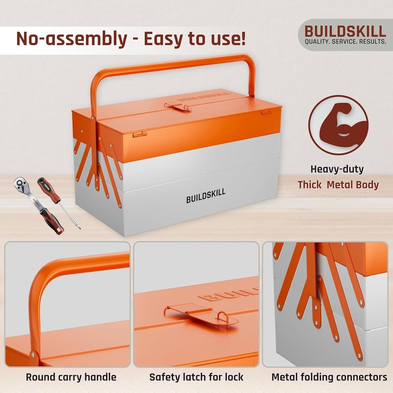 BUILDSKILL صندوق أدوات معدني 17 بوصة للاستخدام المنزلي | مجموعة صندوق أدوات 5 خزائن | مقاوم للصدأ | متين | مقبض دائري | قفل آمن | صندوق أدوات جراج فارغ | افعلها بنفسك | صندوق إصلاح | مثالي للاستخدام المنزلي - Image 3