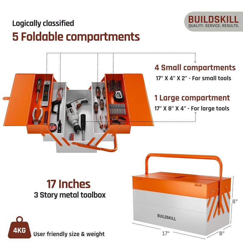 BUILDSKILL صندوق أدوات معدني 17 بوصة للاستخدام المنزلي | مجموعة صندوق أدوات 5 خزائن | مقاوم للصدأ | متين | مقبض دائري | قفل آمن | صندوق أدوات جراج فارغ | افعلها بنفسك | صندوق إصلاح | مثالي للاستخدام المنزلي - Image 2