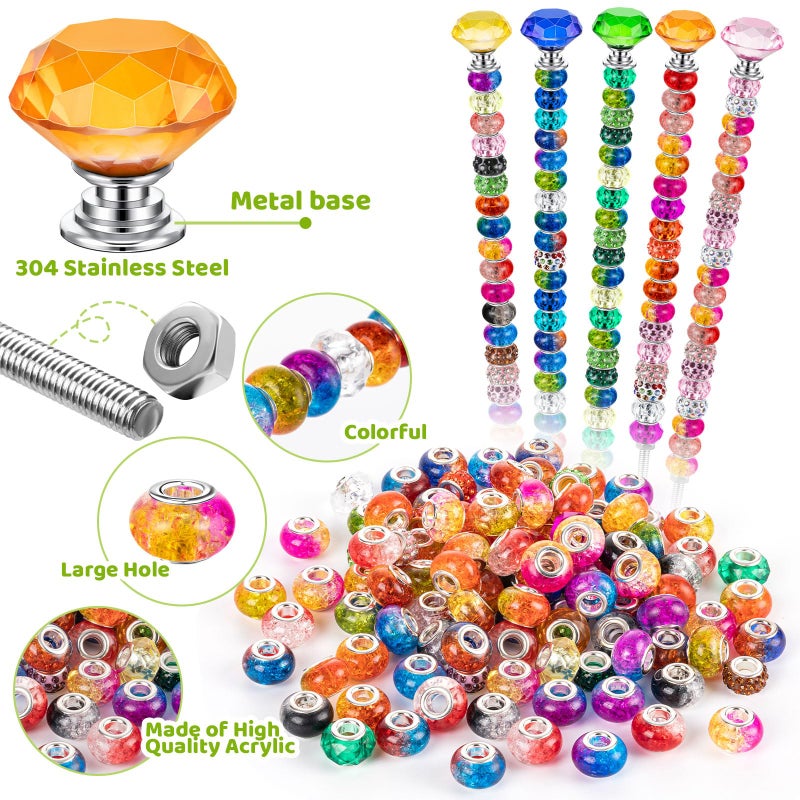 KVCSYAW 230 Pcs Beaded Garden Stakes, DIY Fairy Wand Garden Stake Beads Kits with 200 Colorful Assortment Round Large Hole Beads with 10 Crystal Stopper Top, 10 Threaded Rod and 10 Nuts for Outdoor Decoration - Image 3