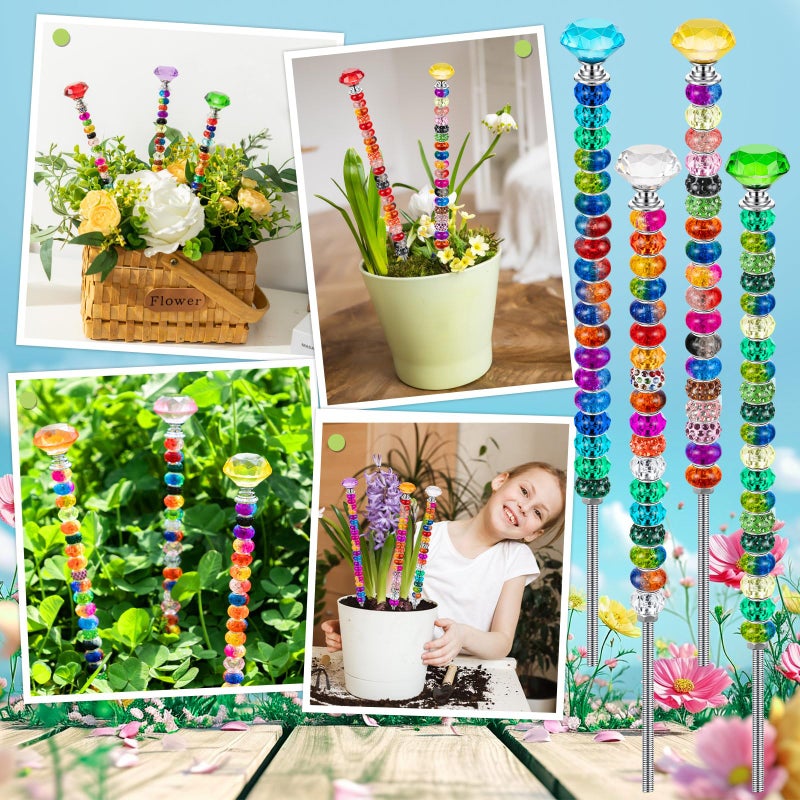 KVCSYAW 230 Pcs Beaded Garden Stakes, DIY Fairy Wand Garden Stake Beads Kits with 200 Colorful Assortment Round Large Hole Beads with 10 Crystal Stopper Top, 10 Threaded Rod and 10 Nuts for Outdoor Decoration - Image 5