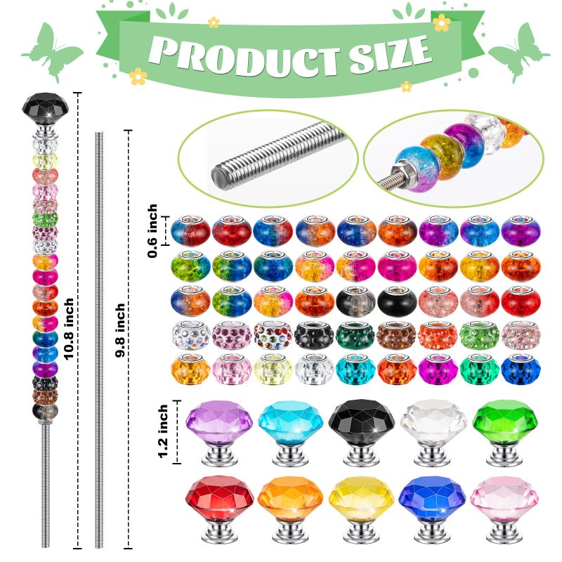 KVCSYAW 230 Pcs Beaded Garden Stakes, DIY Fairy Wand Garden Stake Beads Kits with 200 Colorful Assortment Round Large Hole Beads with 10 Crystal Stopper Top, 10 Threaded Rod and 10 Nuts for Outdoor Decoration - Image 2