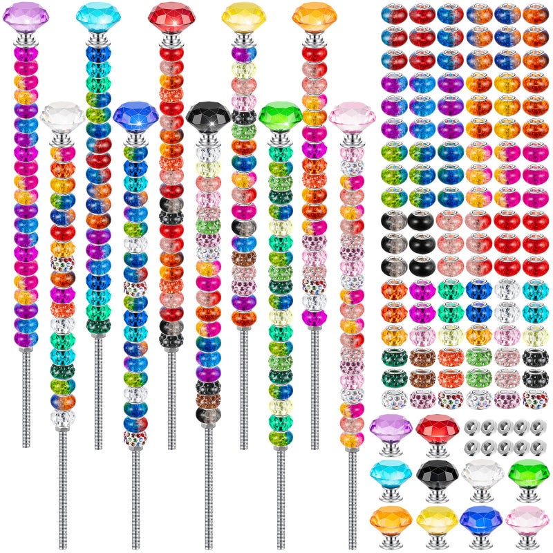 KVCSYAW 230 Pcs Beaded Garden Stakes, DIY Fairy Wand Garden Stake Beads Kits with 200 Colorful Assortment Round Large Hole Beads with 10 Crystal Stopper Top, 10 Threaded Rod and 10 Nuts for Outdoor Decoration - Image 1