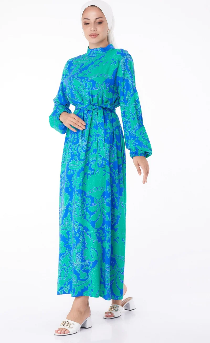 Tofisa Plain Judge Collar Women's Blue Patterned Dress - 13271