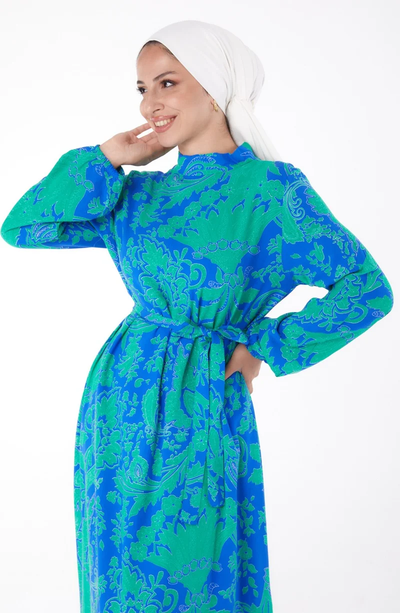 Tofisa Plain Judge Collar Women's Blue Patterned Dress - 13271