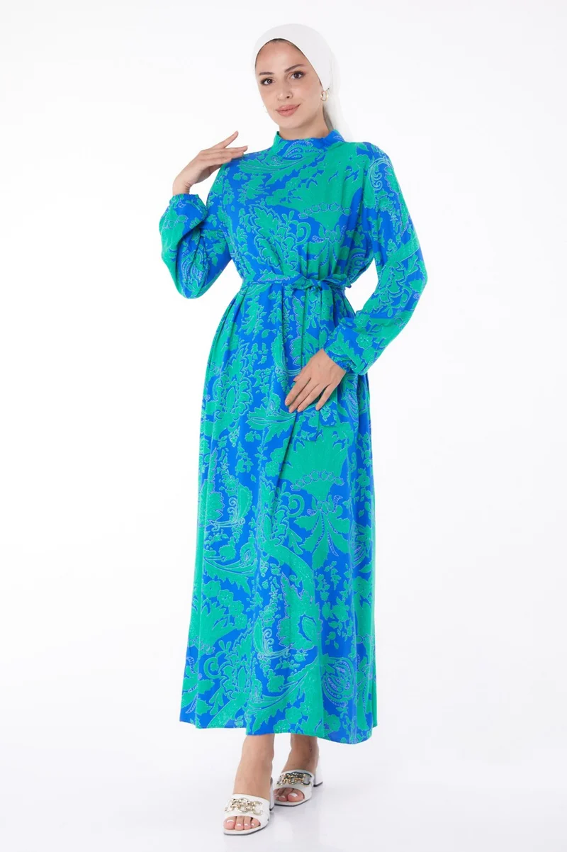 Tofisa Plain Judge Collar Women's Blue Patterned Dress - 13271