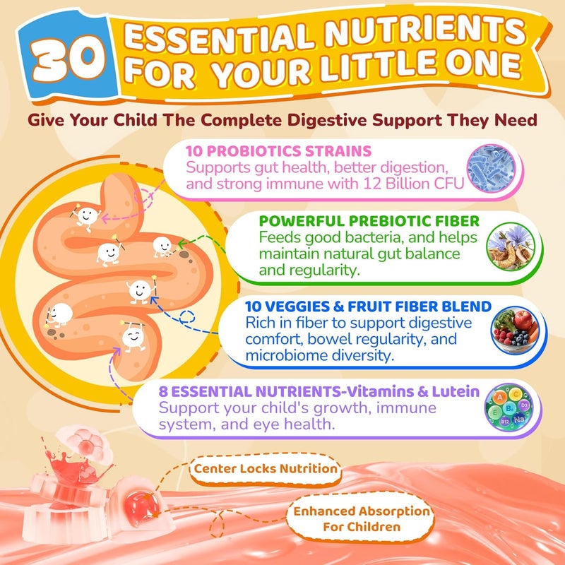 NEVISS Probiotics for Kids Teen  Veggie  Fruit Fiber Gummies with 12 Billion CFU Probiotic Organic Inulin Prebiotics Fiber Methyl B12 B6 C for Childrens Digestive  Gut Immune Health Sugar Free60Cts - Image 4