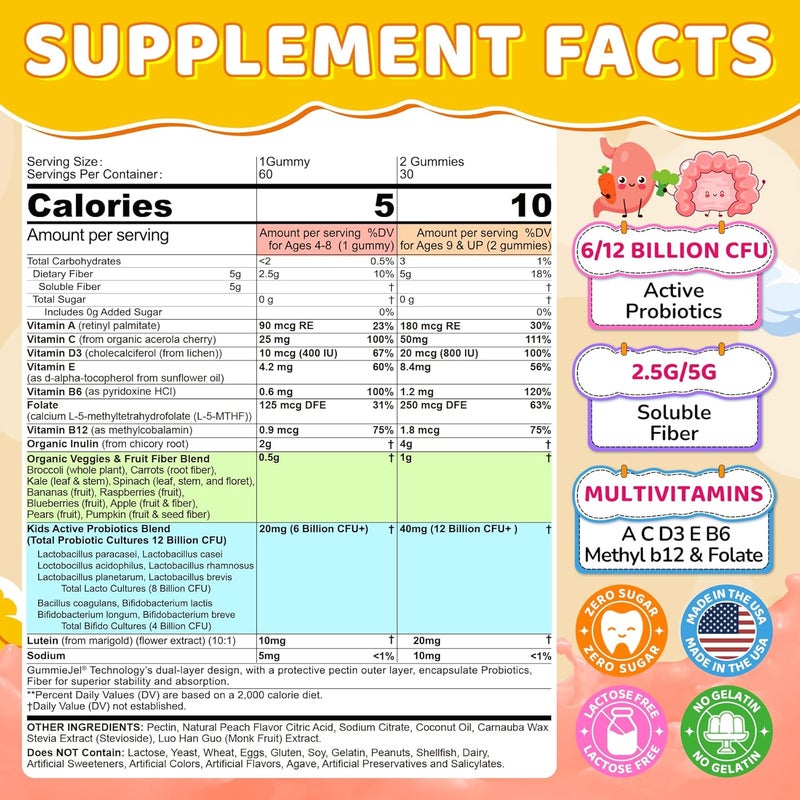 NEVISS Probiotics for Kids Teen  Veggie  Fruit Fiber Gummies with 12 Billion CFU Probiotic Organic Inulin Prebiotics Fiber Methyl B12 B6 C for Childrens Digestive  Gut Immune Health Sugar Free60Cts - Image 2