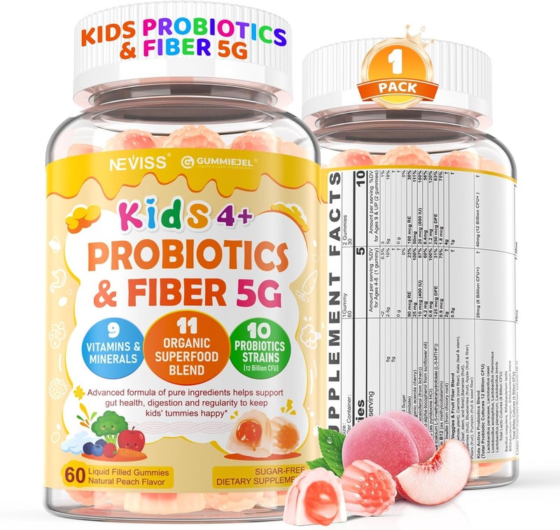 NEVISS Probiotics for Kids Teen  Veggie  Fruit Fiber Gummies with 12 Billion CFU Probiotic Organic Inulin Prebiotics Fiber Methyl B12 B6 C for Childrens Digestive  Gut Immune Health Sugar Free60Cts - Image 1