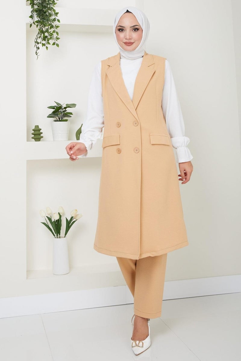 Hafsamina Vested Two Piece Set Camel HM2497 - Image 1