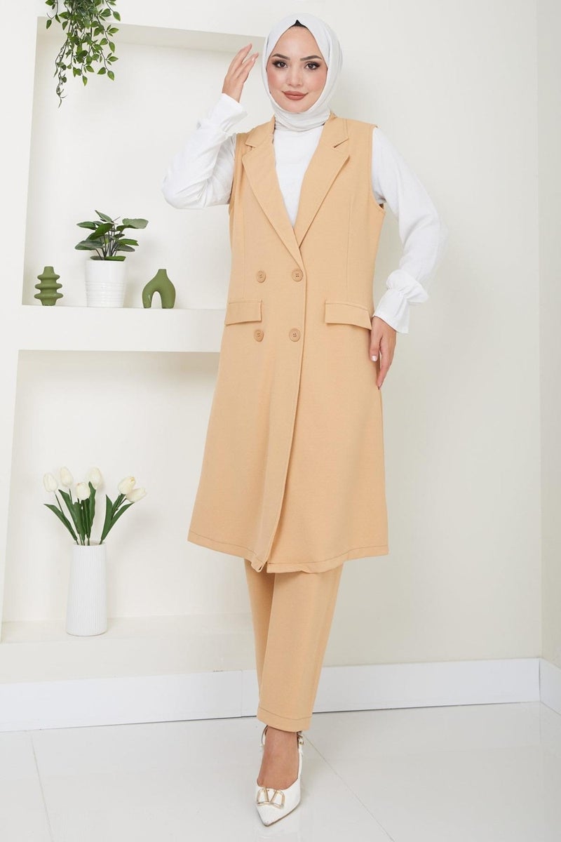 Hafsamina Vested Two Piece Set Camel HM2497 - Image 3