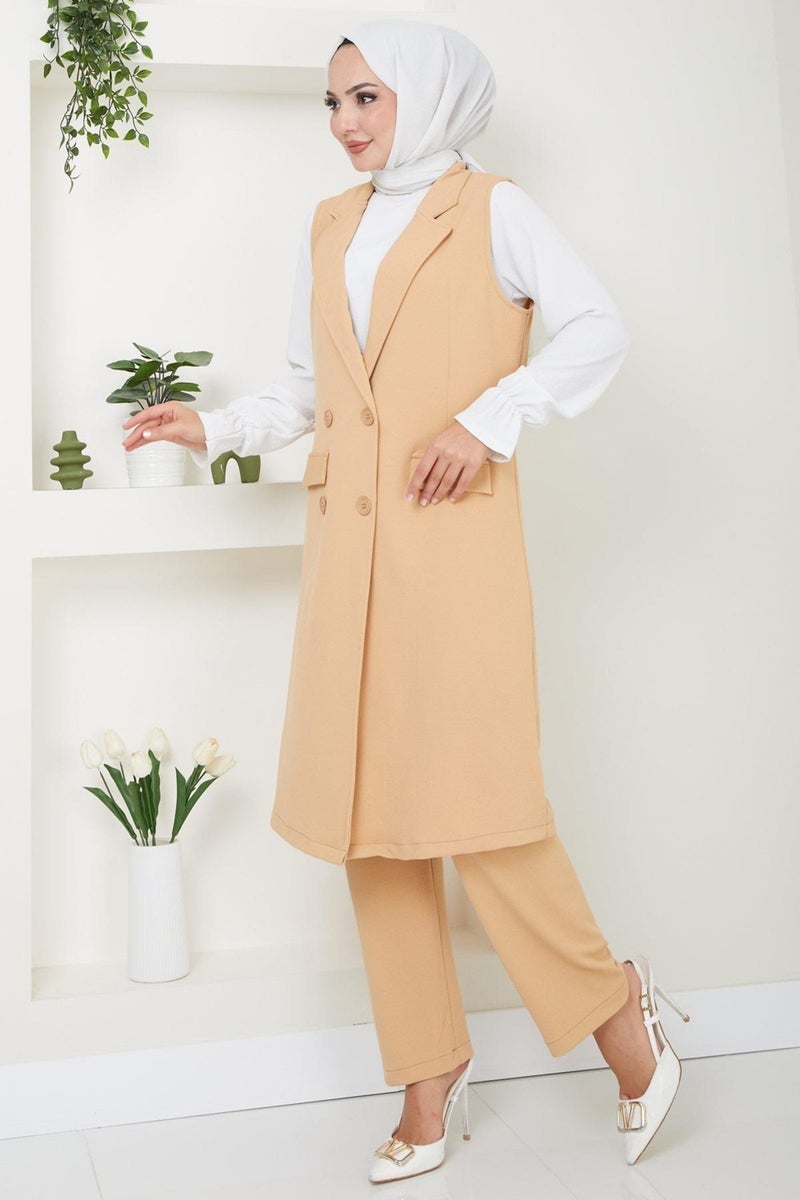 Hafsamina Vested Two Piece Set Camel HM2497 - Image 4