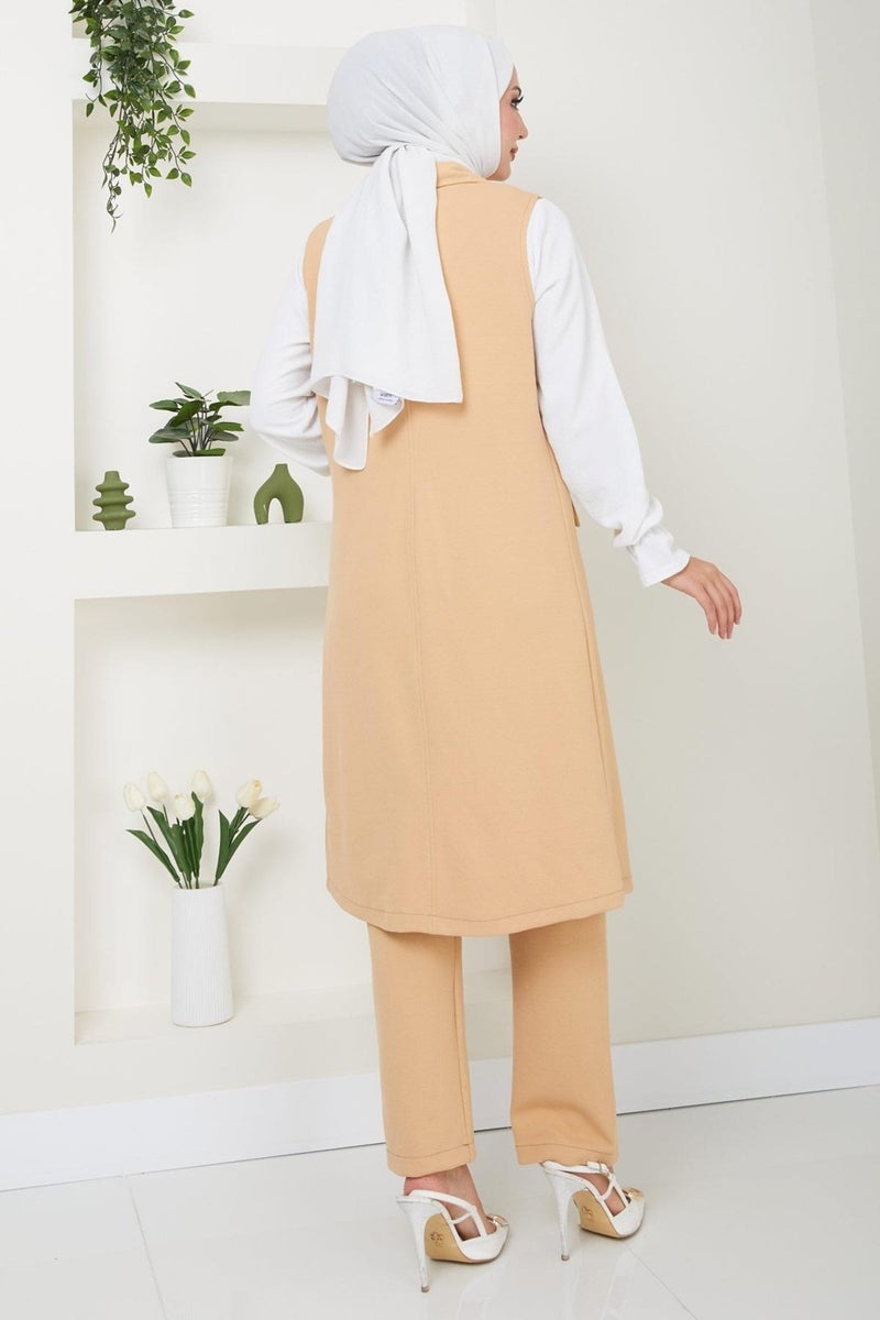 Hafsamina Vested Two Piece Set Camel HM2497 - Image 5