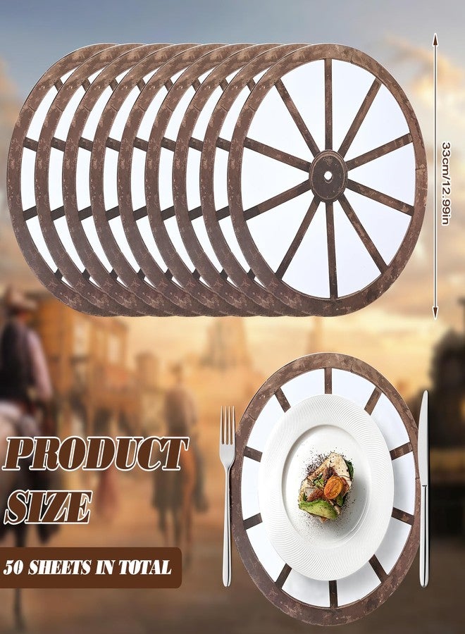 Kuabiz 50 Pcs Western Paper Placemats 13.5 Inch Scalloped Wagon Wheel Paper Placemats Disposable Wood Cartwheel Place Mats Western Decor for Wild West Themed Tableware Country Cowboy Party Supplies - Image 2