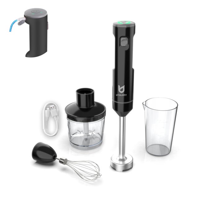 CORDLESS HAND BLENDER VARIABLE SPEED IMMERSION BLENDER RECHARGEABLE WITH 500ML CHOPPER 600ML CONTAINER EGG WHISK FOR SMOOTHIES BABY FOOD AND SOUPS BLACK