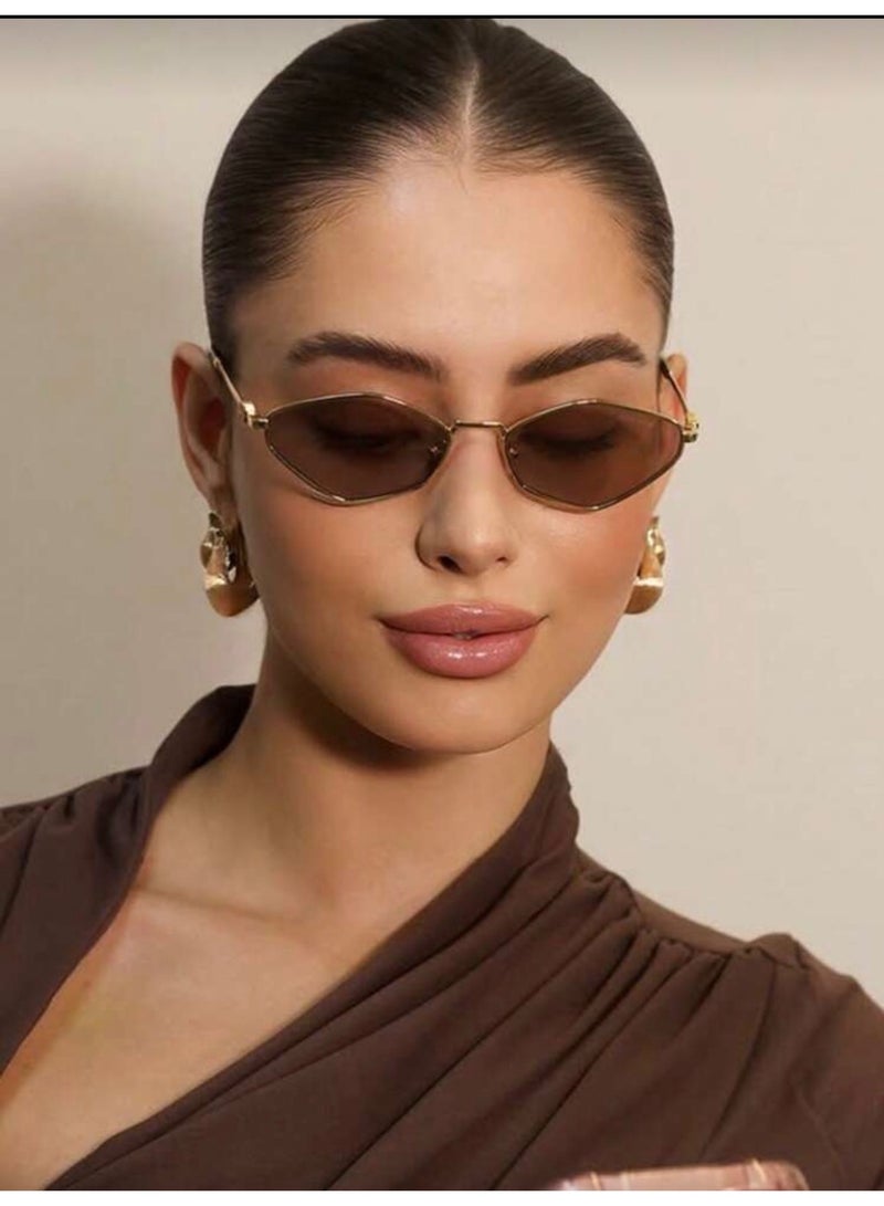 شي إن نظارات عصرية معدنية على شكل ماسة نظارات عصرية متعددة الاستخدامات بنى - Image 3