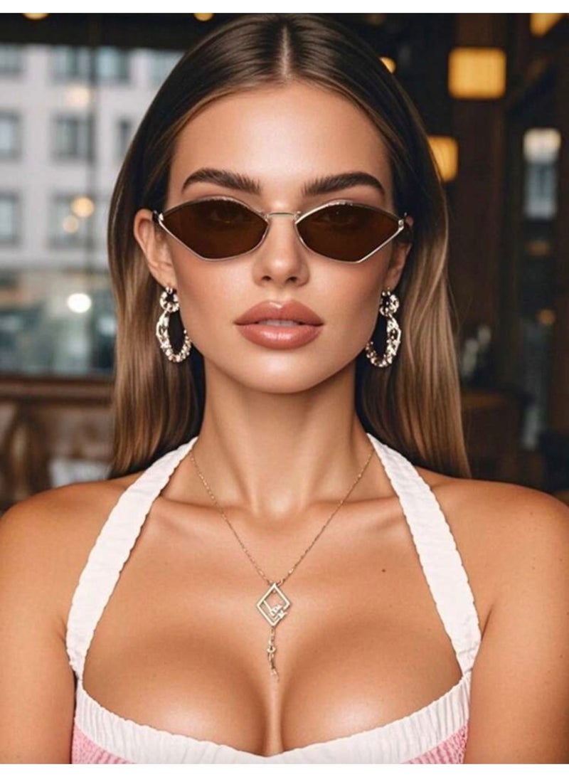 شي إن نظارات عصرية معدنية على شكل ماسة نظارات عصرية متعددة الاستخدامات بنى - Image 2