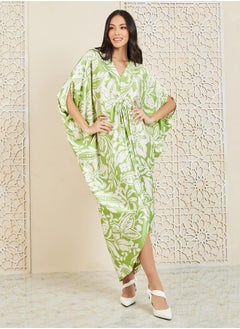 All Over Print Ring Ruched Batwing Sleeves Sheath Midi Dress