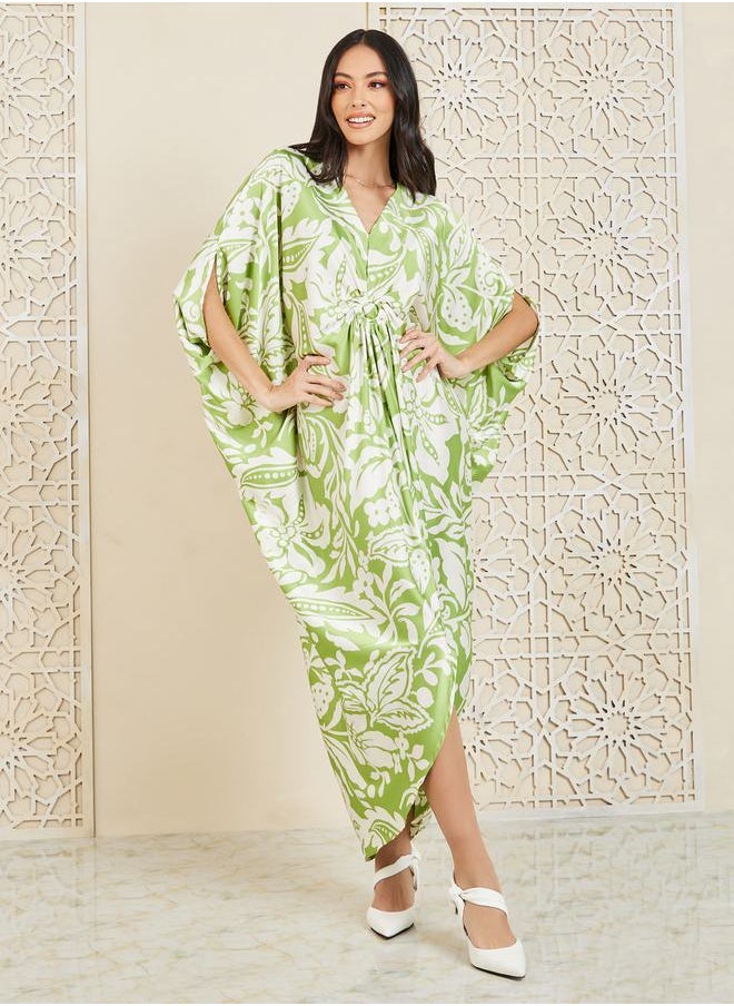 Styli - All Over Print Ring Ruched Batwing Sleeves Sheath Midi Dress - Image 1