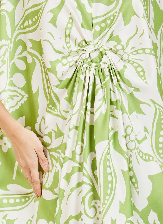 Styli - All Over Print Ring Ruched Batwing Sleeves Sheath Midi Dress - Image 1